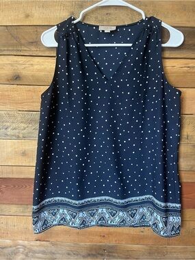 LOFT Navy Polka Dot Sleeveless V-Neck Tank with Printed Hem
